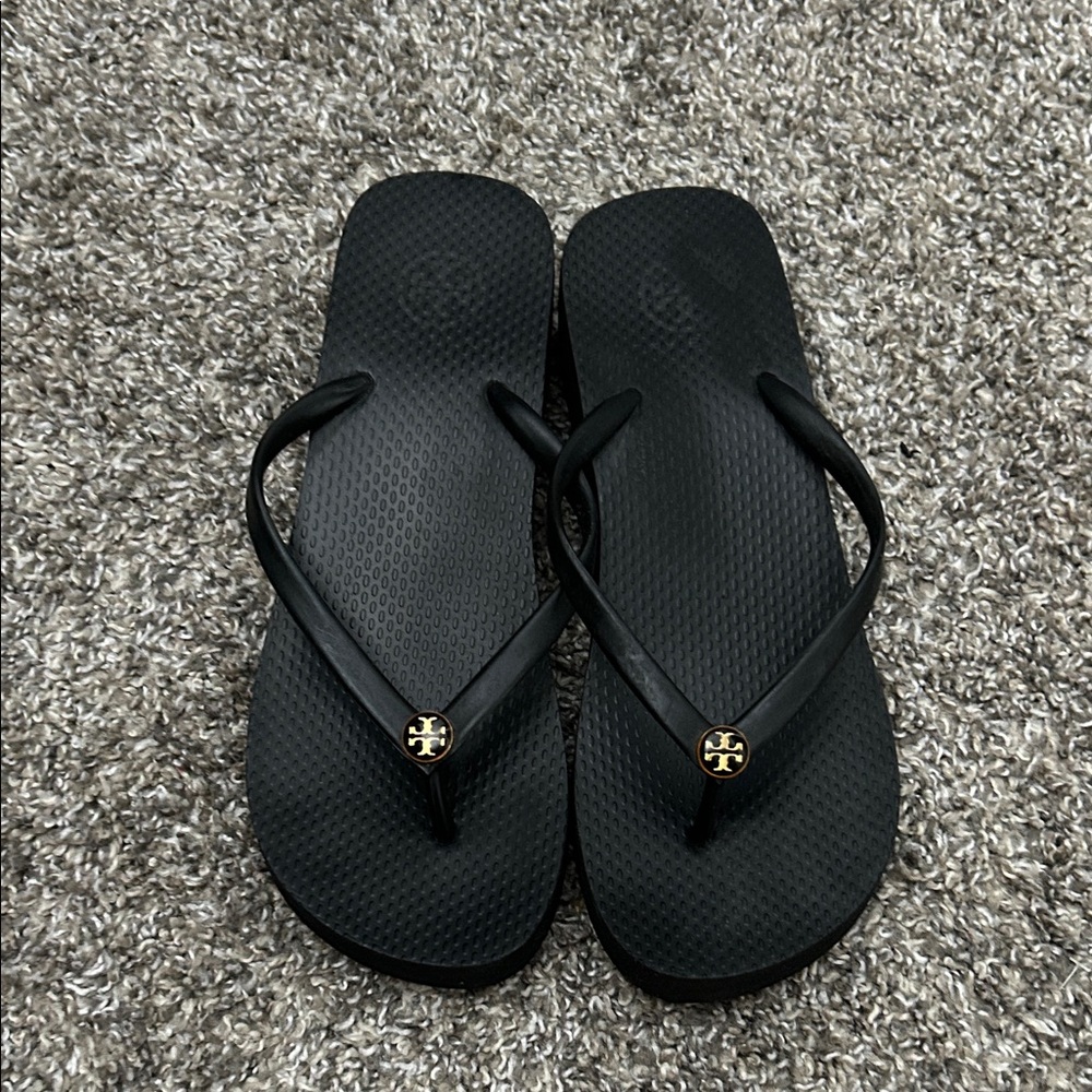 Tory Burch Black Sandals with Gold Emblem